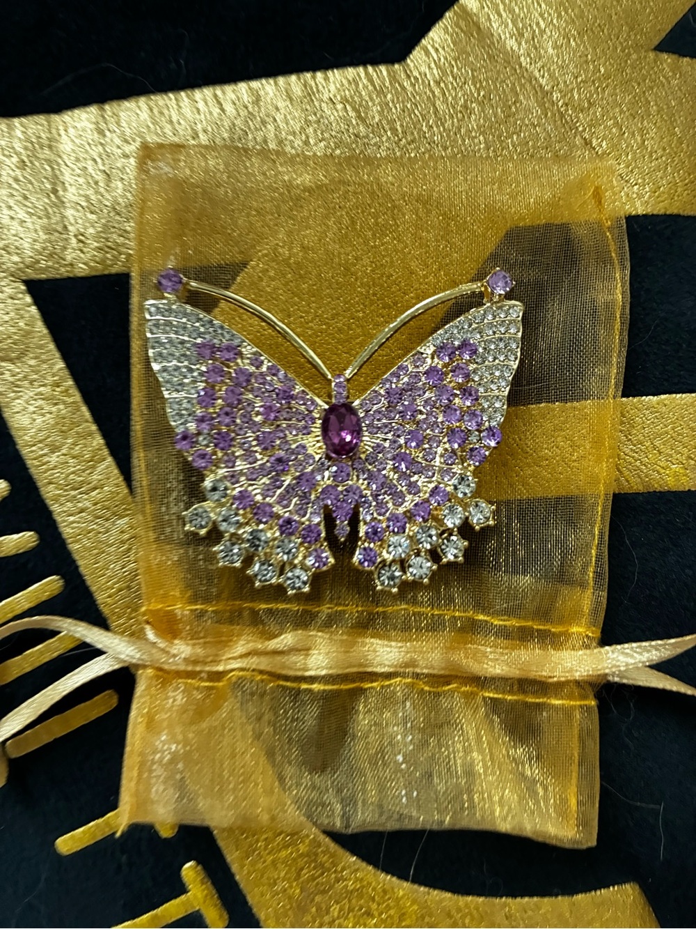 Elegant Purple & Clear Crystal Butterfly Brooch - Gold Tone